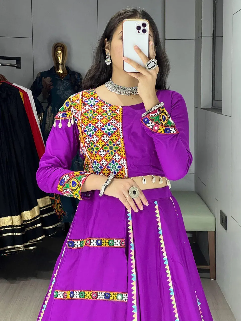 Purple Rayon Cotton Navratri Lehenga Choli with Mirror Lace Work | WMT 8045 Garba Wear Dress