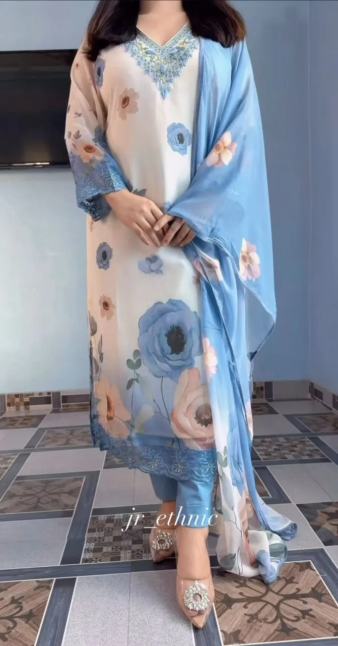 Sky Blue Organza Floral Print Readymade Suit Set with Dupatta | Designer Party Wear Dress for Women