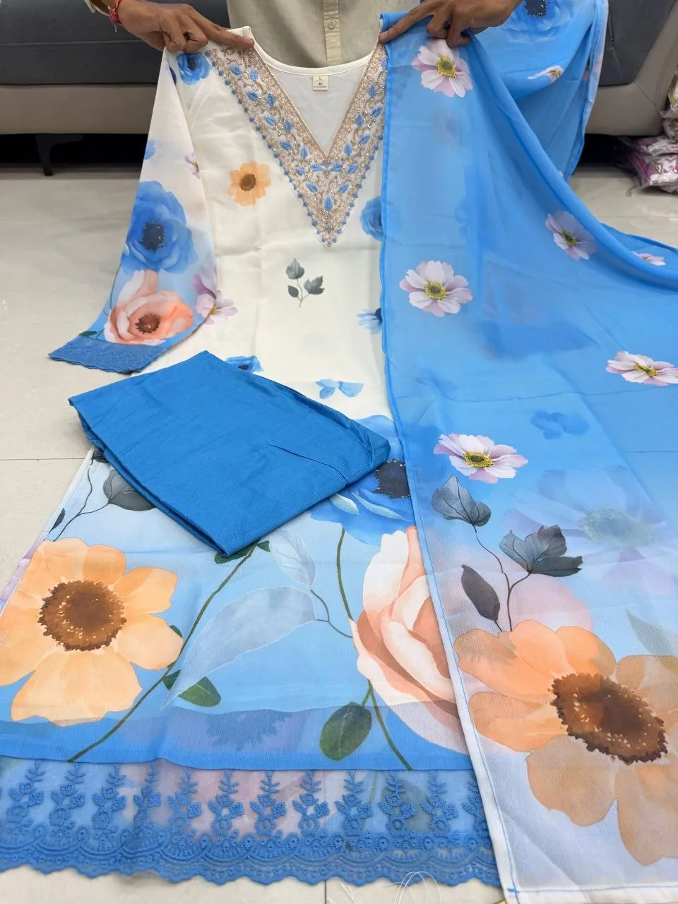 Sky Blue Organza Floral Print Readymade Suit Set with Dupatta | Designer Party Wear Dress for Women
