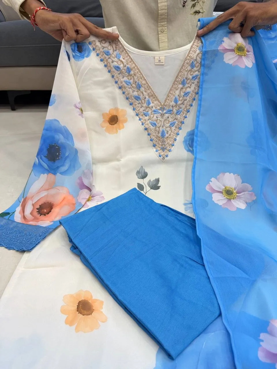 Sky Blue Organza Floral Print Readymade Suit Set with Dupatta | Designer Party Wear Dress for Women