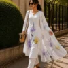 White Cotton Kurti Set with Floral Print Dupatta | Yasu Designer Office Wear Readymade Dress for Women