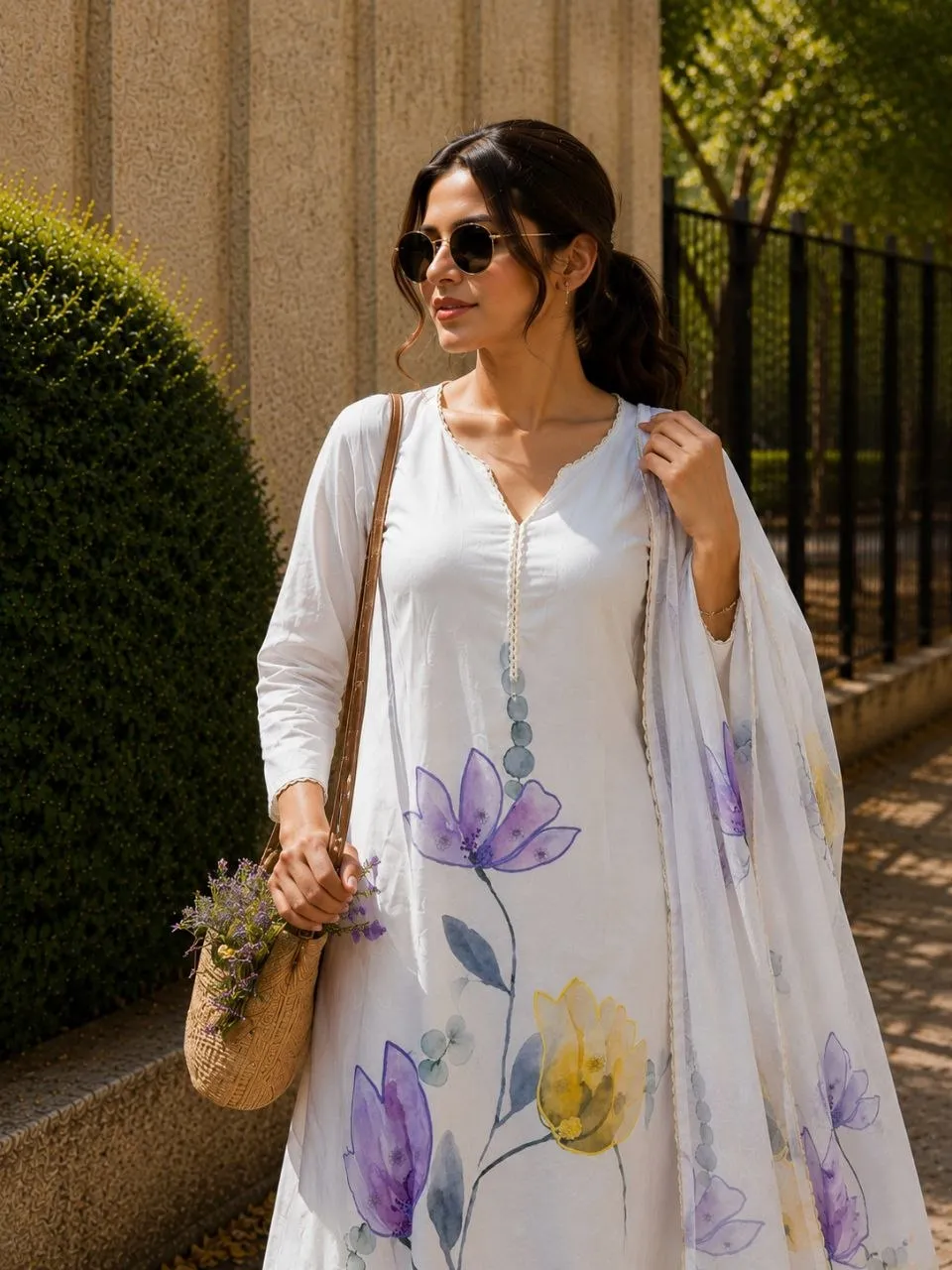 White Cotton Kurti Set with Floral Print Dupatta | Yasu Designer Office Wear Readymade Dress for Women