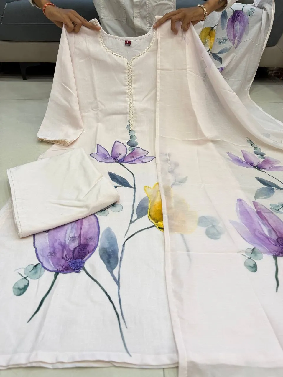 White Cotton Kurti Set with Floral Print Dupatta | Yasu Designer Office Wear Readymade Dress for Women