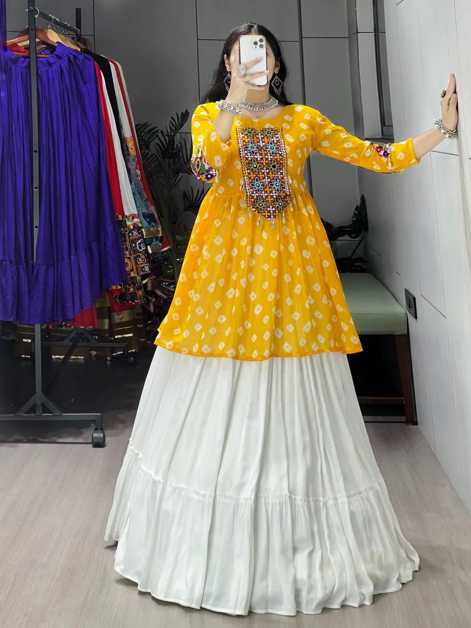 Yellow Kediya Style Kurti with White Flared Skirt | WMT 6062 Mirror Work Navratri & Haldi Outfit for Women