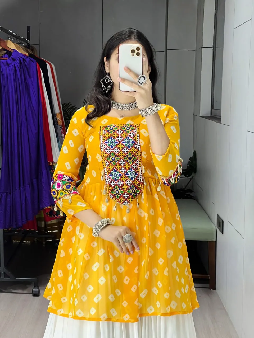Yellow Kediya Style Kurti with White Flared Skirt | WMT 6062 Mirror Work Navratri & Haldi Outfit for Women