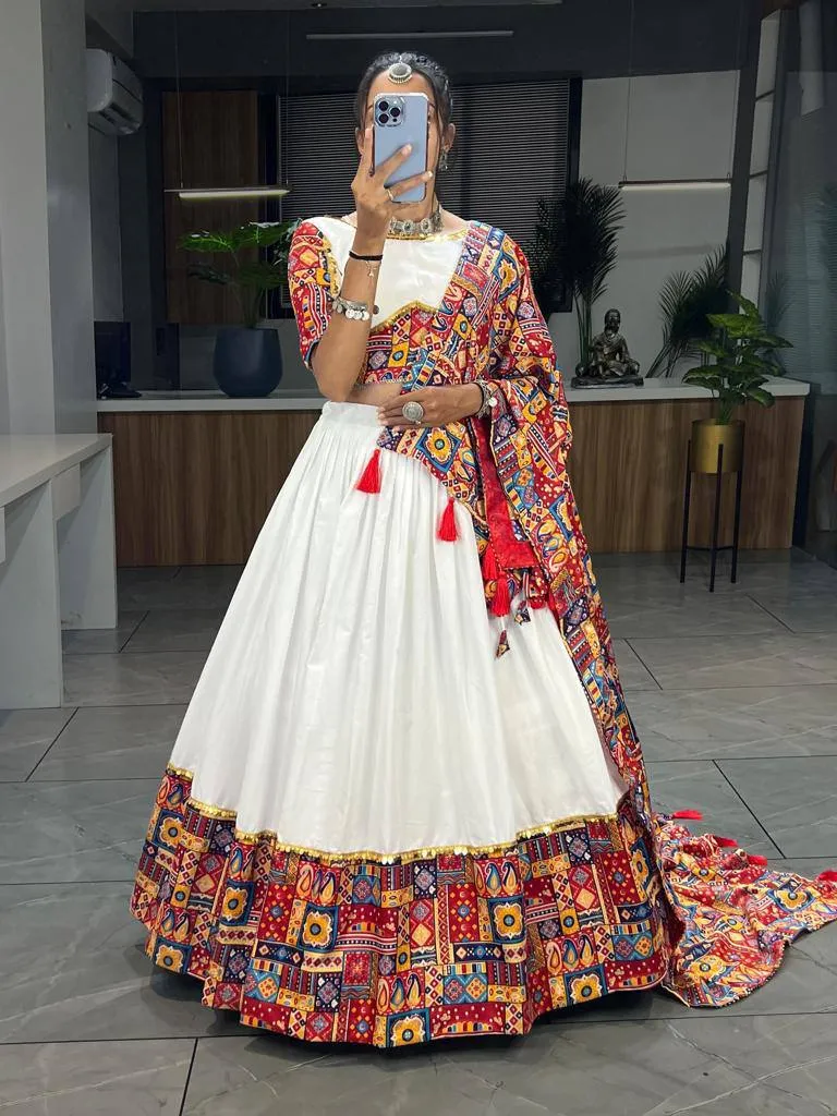 Designer White Navratri Chaniya Choli Set with Printed Dupatta | WMT 7113 Women's Garba & Dandiya Lehenga Choli