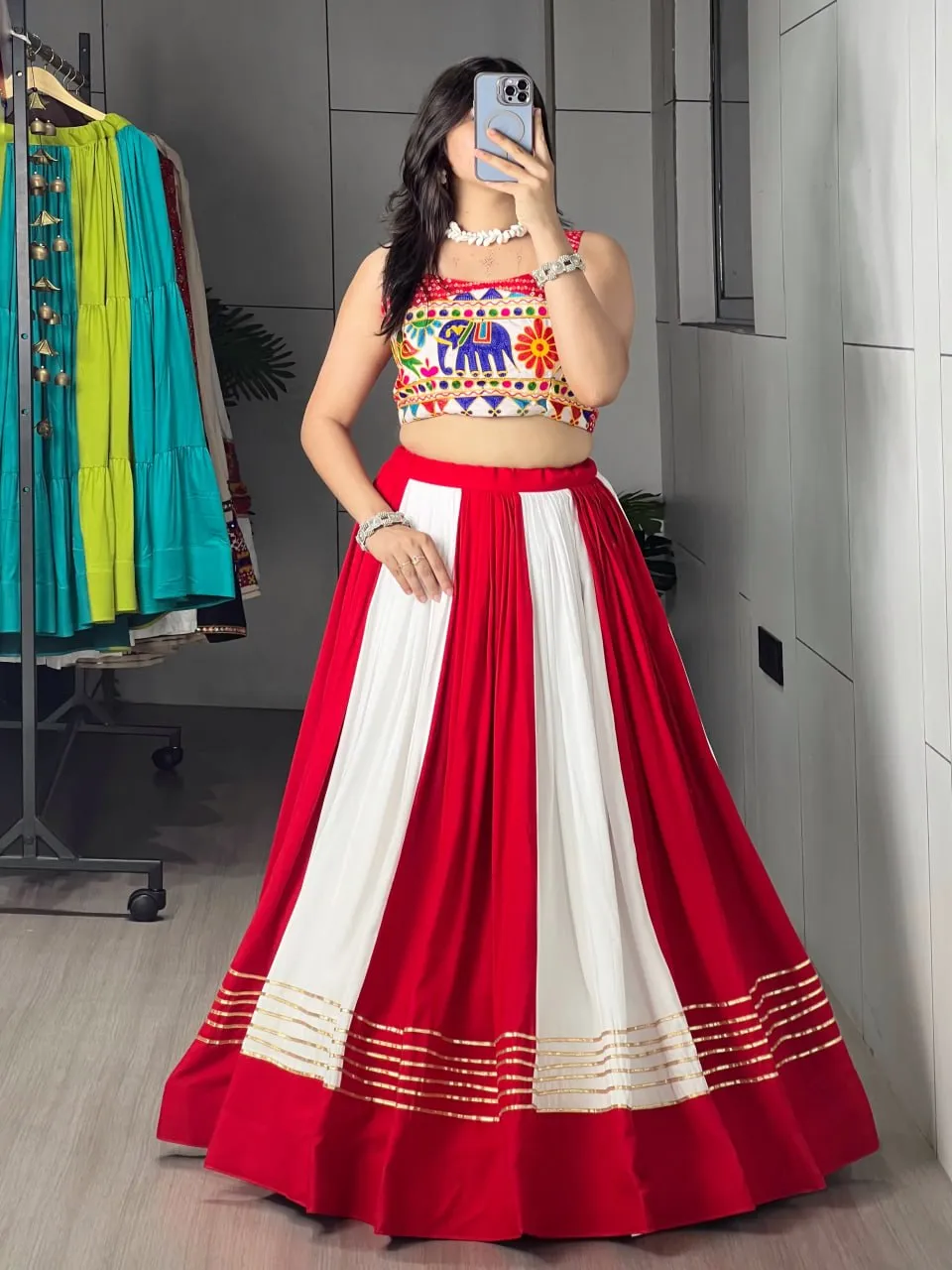 Designer Red White Navratri Chaniya Choli with Elephant Embroidery Blouse | WMT 7701 Mirror Work Garba Dress for Women