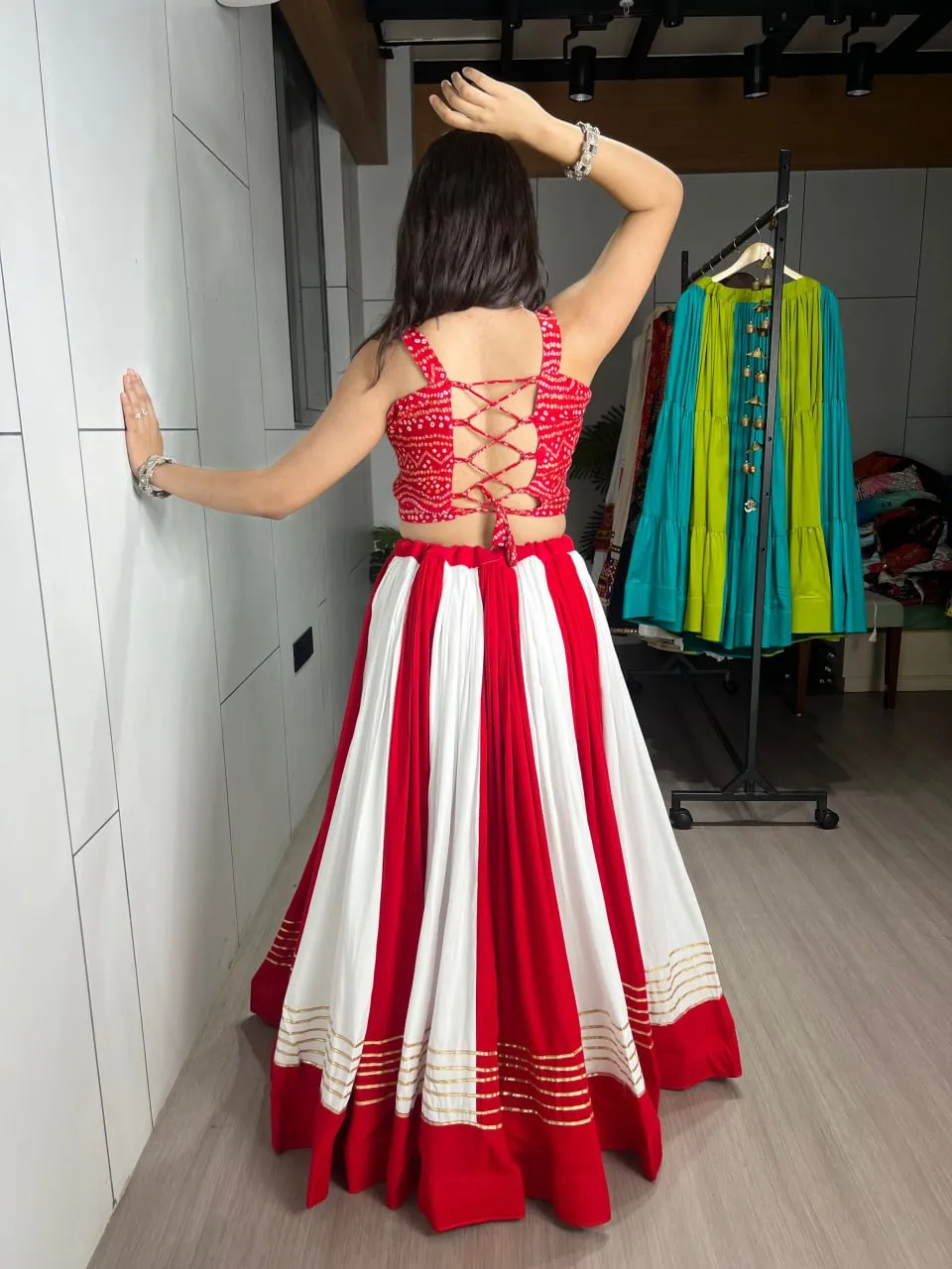 Designer Red White Navratri Chaniya Choli with Elephant Embroidery Blouse | WMT 7701 Mirror Work Garba Dress for Women