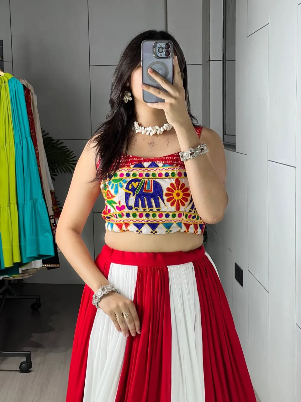 Designer Red White Navratri Chaniya Choli with Elephant Embroidery Blouse | WMT 7701 Mirror Work Garba Dress for Women