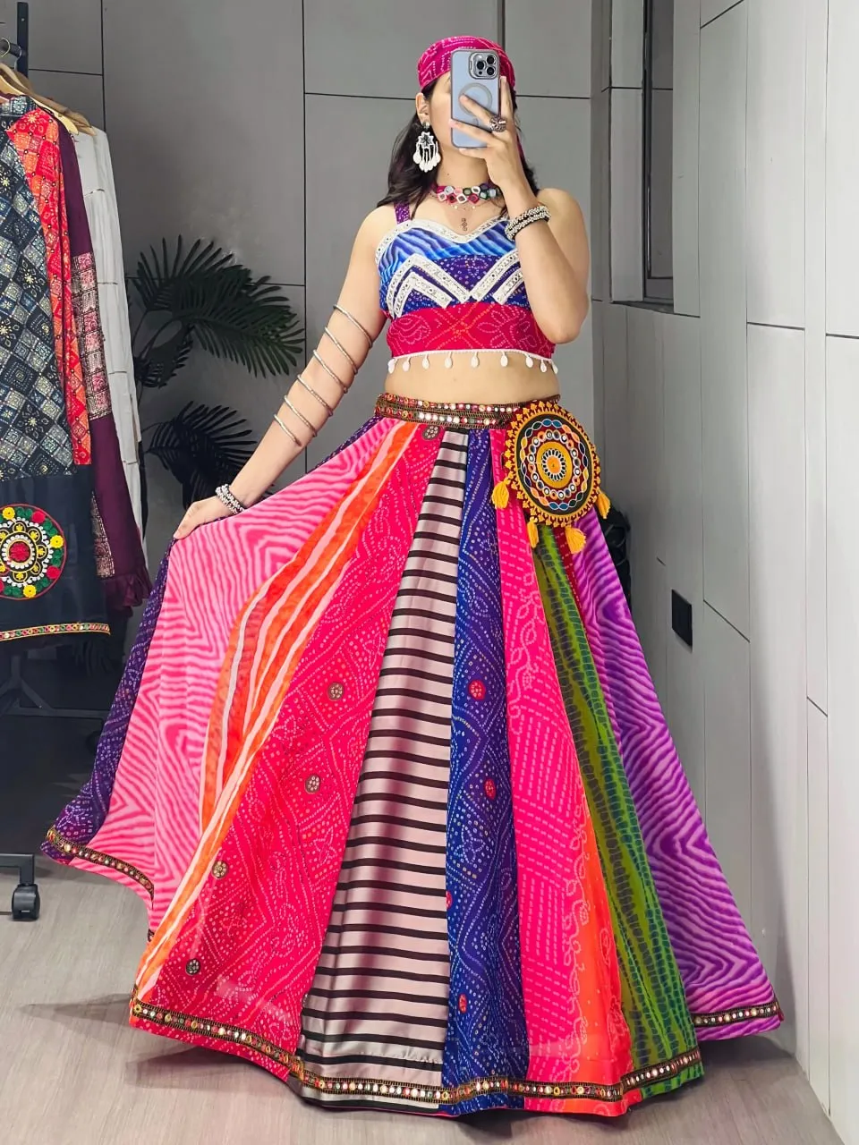 Multicolor Bandhani Print Navratri Lehenga Choli for Women | Designer Garba & Dandiya Dress | WMT 7705 Fully Stitched