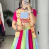 WMT 7708 Multicolor Navratri Dress for Women | Designer Rayon Cotton Mirror Work Garba Skirt Top with Jacket | Traditional Chaniya Choli | Dandiya Festival Wear