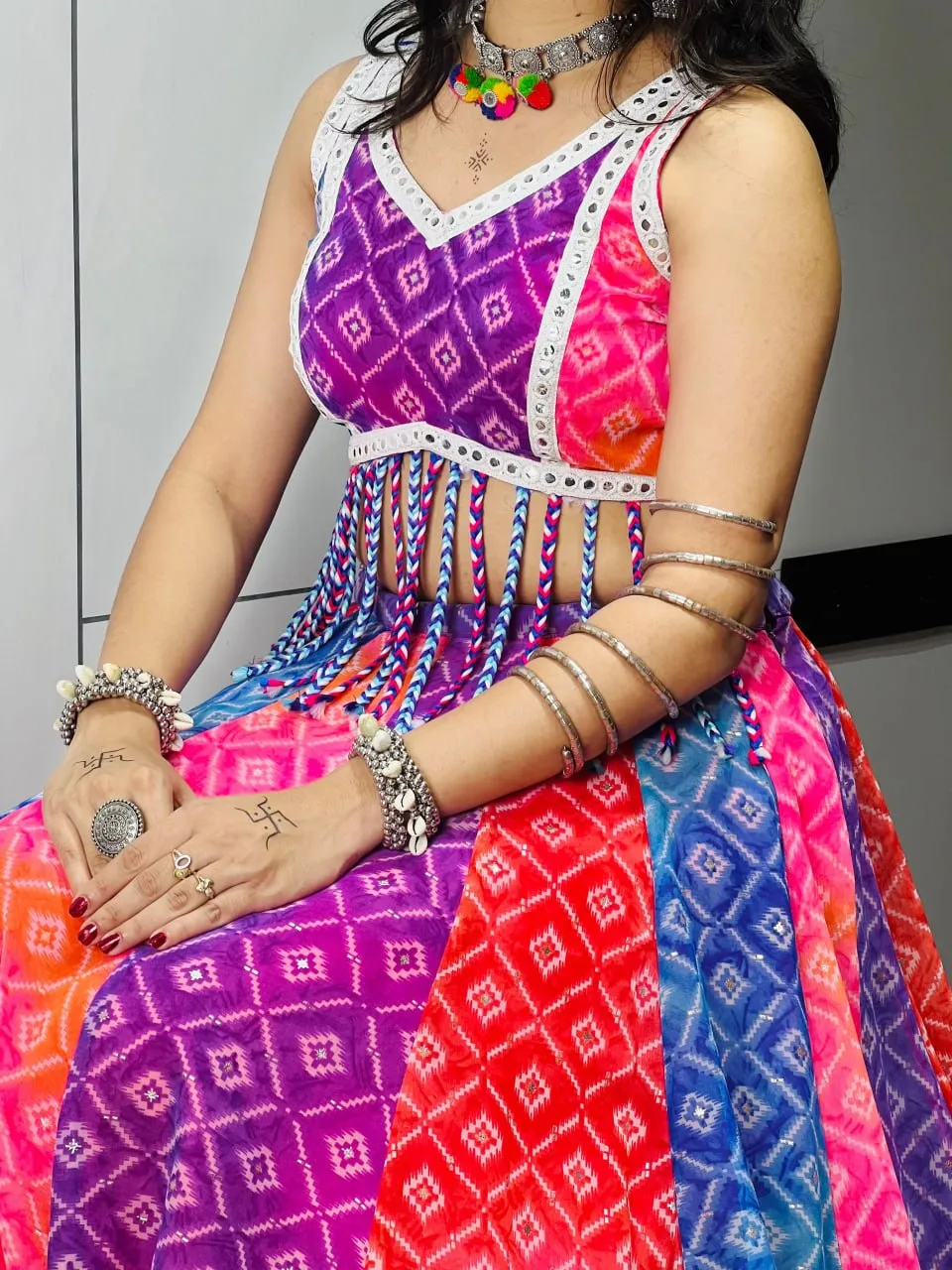 Multicolor Printed Navratri Dress for Women | Designer Rayon Cotton Kali Work Garba Chaniya Choli | Traditional Dandiya Festival Wear | Lace-Up Back