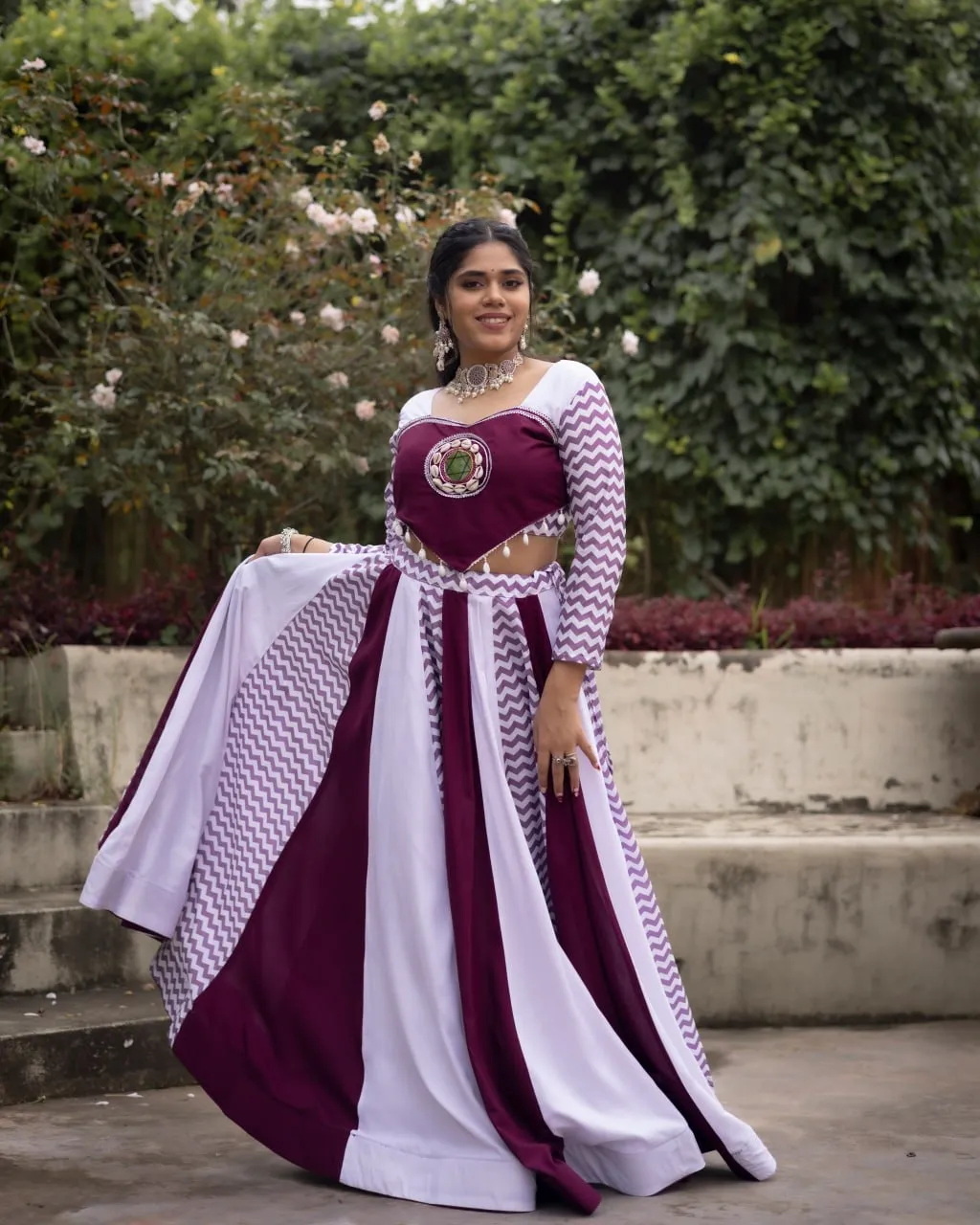 Designer Purple White Mirror Hand Work Navratri Chaniya Choli for Women | WMT 8051 Rayon Cotton Garba Dress