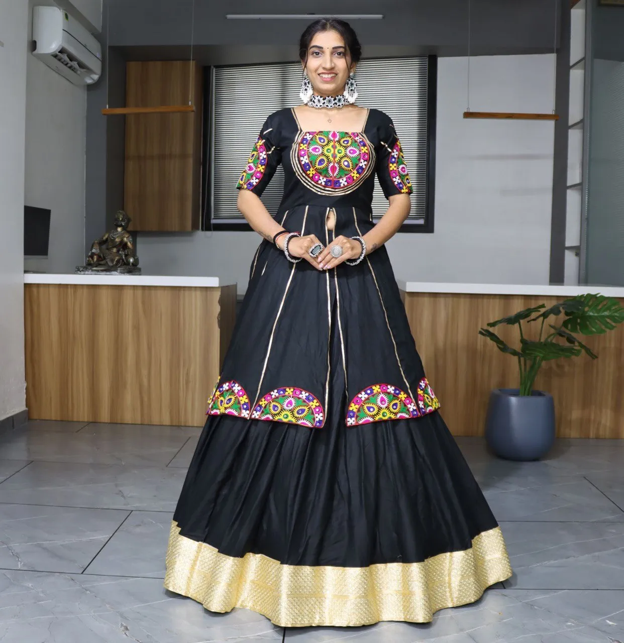 Designer Black Navratri Chaniya Choli with Gamthi Work Long Jacket WMT 8052