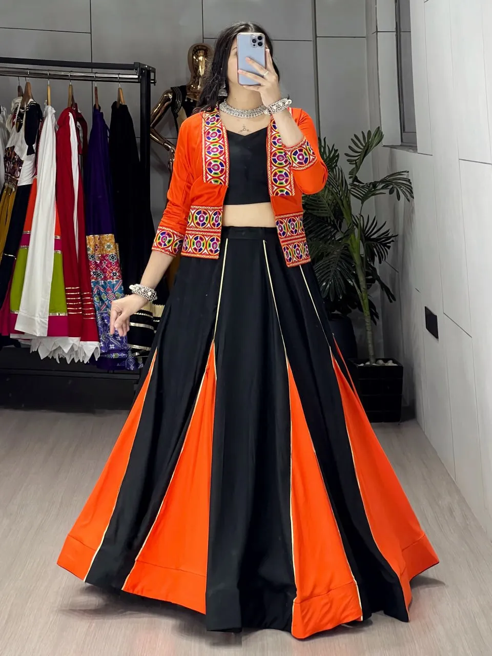 Designer Black & Orange Navratri Chaniya Choli Set with Kutchi Embroidery Jacket WMT 8059