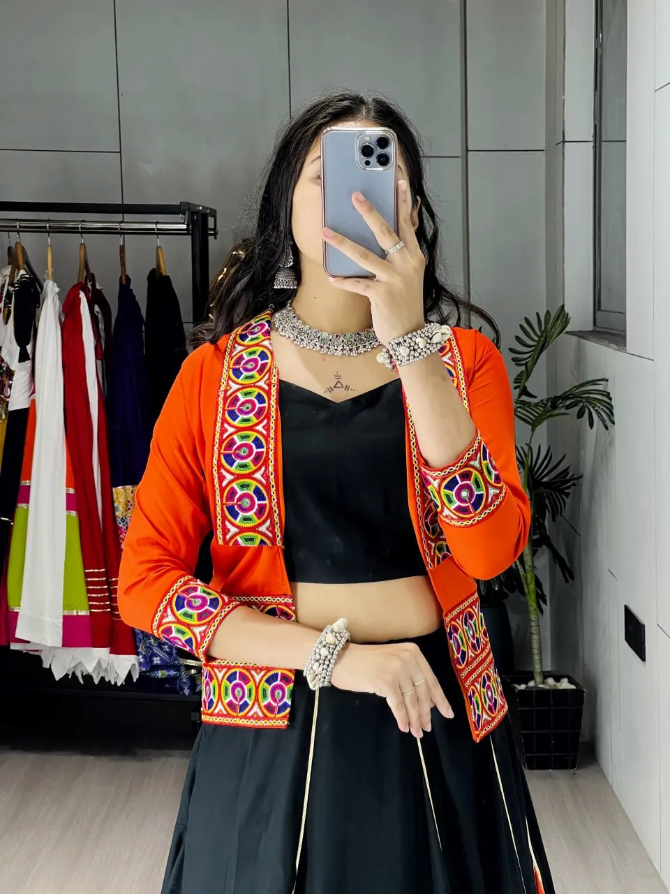 Designer Black & Orange Navratri Chaniya Choli Set with Kutchi Embroidery Jacket WMT 8059