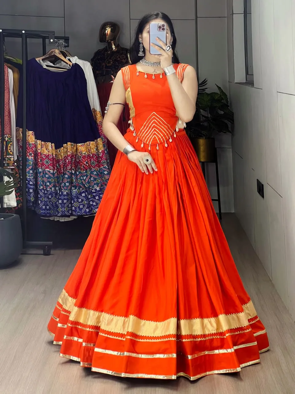 Orange Pure Rayon Cotton Navratri Lehenga Choli for Women | Gota Patti Garba Dress | WMT 8060 Fully Stitched Chaniya Choli