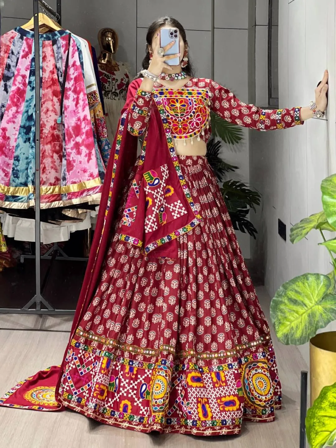Designer Maroon Navratri Lehenga Choli for Women | Kutchi Mirror Work Chaniya Choli with Dupatta | Garba & Dandiya Dress