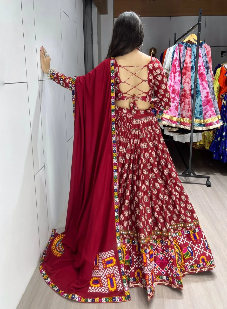Designer Maroon Navratri Lehenga Choli for Women | Kutchi Mirror Work Chaniya Choli with Dupatta | Garba & Dandiya Dress