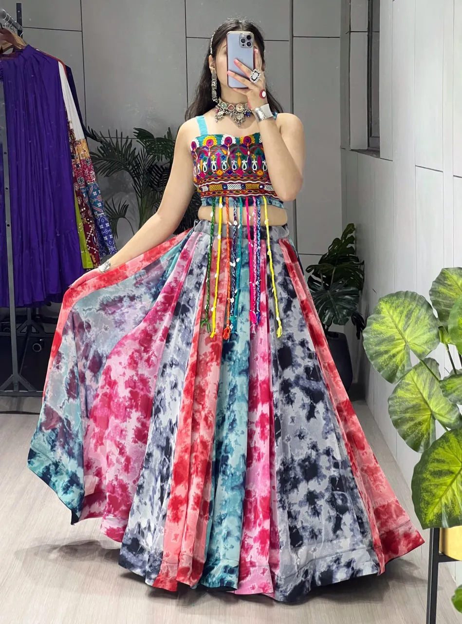 Designer Multicolor Georgette Printed Lehenga with Kutchi Mirror Work Blouse | WMT 8077 Navratri Garba Outfit for Women