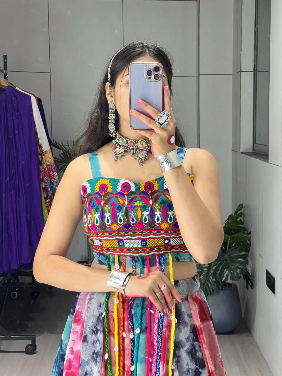 Designer Multicolor Georgette Printed Lehenga with Kutchi Mirror Work Blouse | WMT 8077 Navratri Garba Outfit for Women