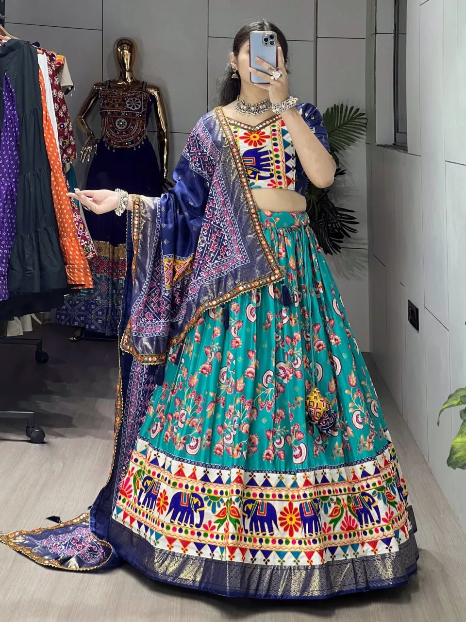 Designer Dola Silk Printed Kutchi Work Navratri Chaniya Choli with Dupatta | WMT 8084 Elephant Embroidery Lehenga for Women