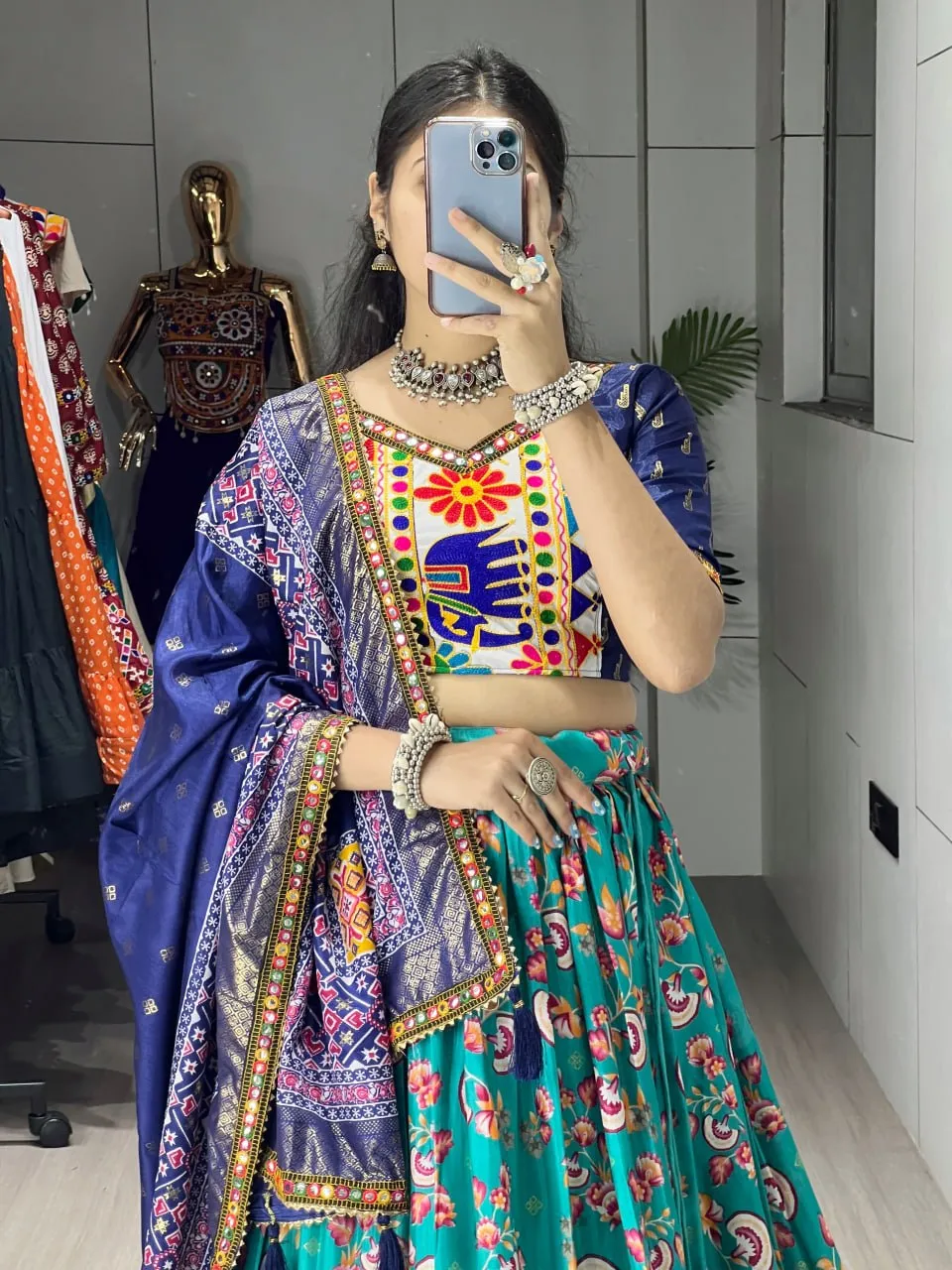 Designer Dola Silk Printed Kutchi Work Navratri Chaniya Choli with Dupatta | WMT 8084 Elephant Embroidery Lehenga for Women