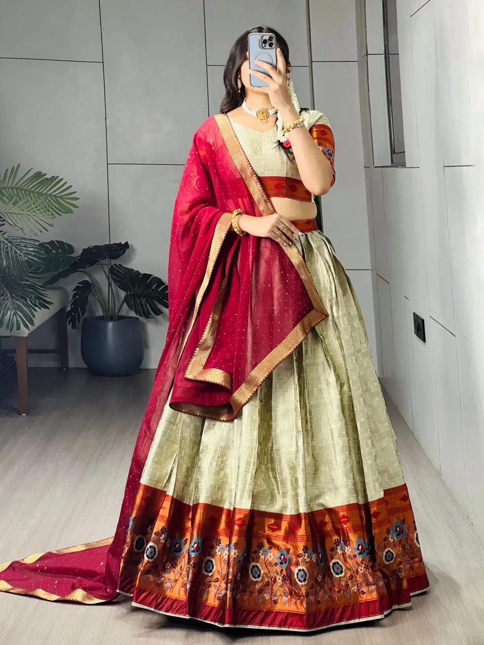 Premium Beige Silk Zari Weaving Navratri Chaniya Choli with Maroon Dupatta | WMT 8151 Designer Wedding Lehenga for Women