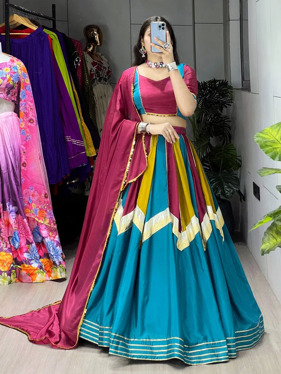 Designer Navratri Lehenga Choli for Women | Multicolor Chinon Chaniya Choli with Dupatta | WMT 8208 Garba & Dandiya Dress