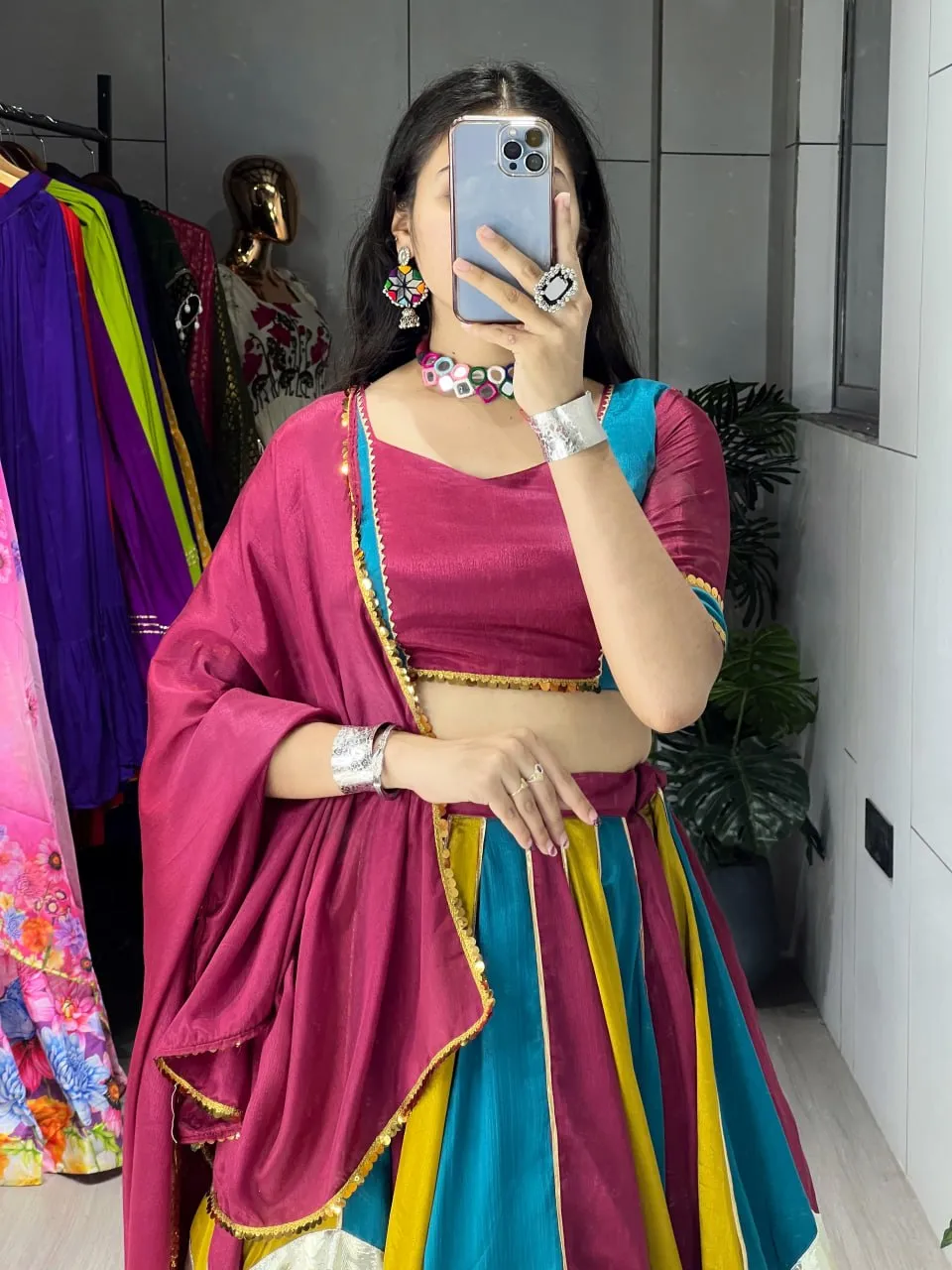 Designer Navratri Lehenga Choli for Women | Multicolor Chinon Chaniya Choli with Dupatta | WMT 8208 Garba & Dandiya Dress