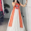 White Georgette Navratri Lehenga with Orange Mirror Work Sleeveless Kurti | WMT Traditional Garba & Dandiya Outfit