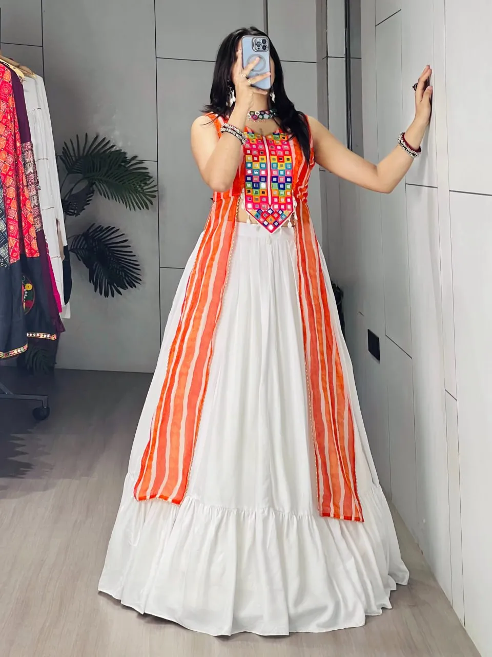 White Georgette Navratri Lehenga with Orange Mirror Work Sleeveless Kurti | WMT Traditional Garba & Dandiya Outfit