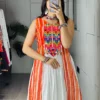 White Georgette Navratri Lehenga with Orange Mirror Work Sleeveless Kurti | WMT Traditional Garba & Dandiya Outfit