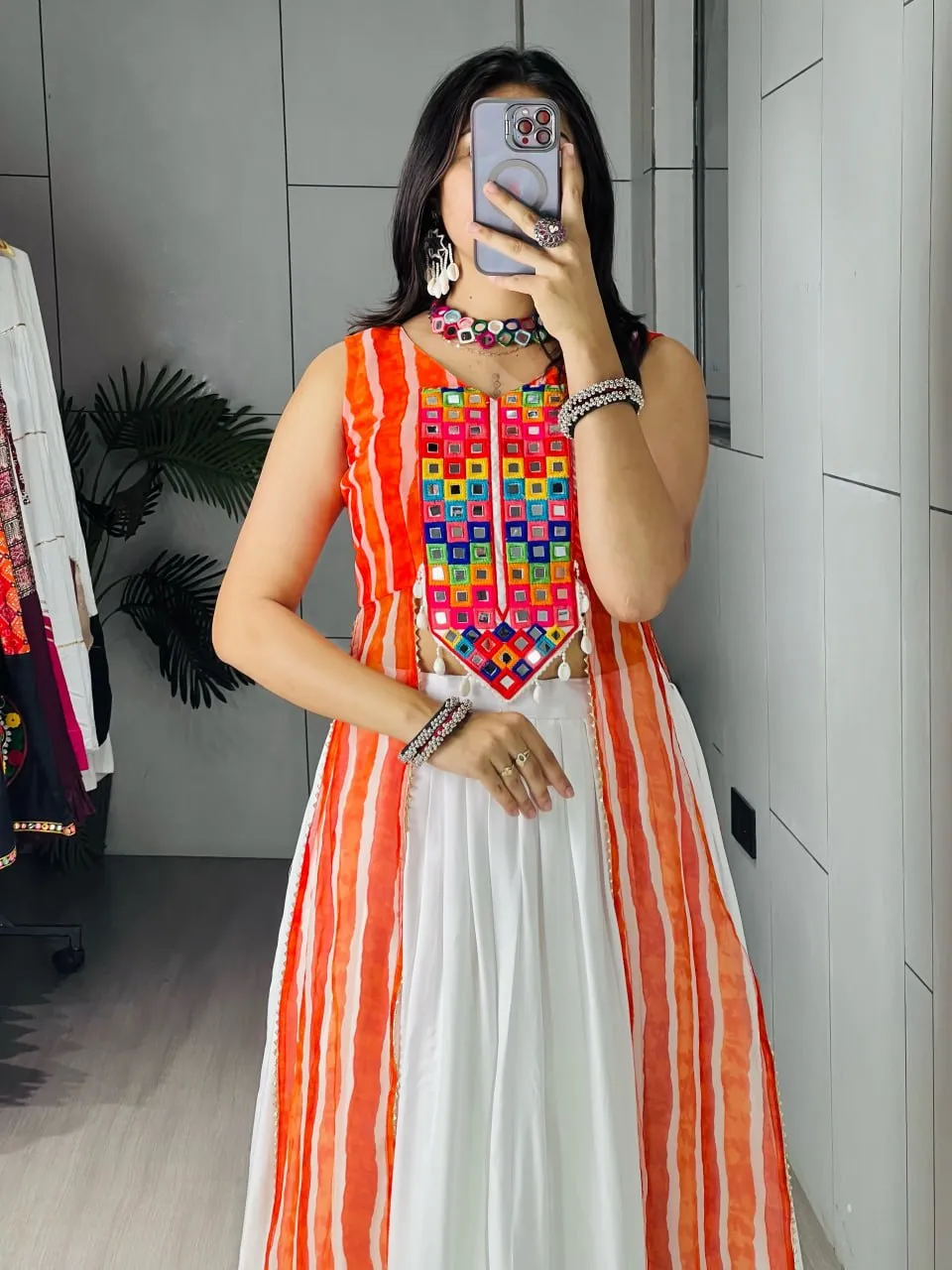 White Georgette Navratri Lehenga with Orange Mirror Work Sleeveless Kurti | WMT Traditional Garba & Dandiya Outfit
