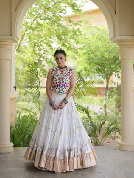 Fully Stitched White Rayon Kutchi Work White Lampi Lace Navratri Wear Ghagra Choli
