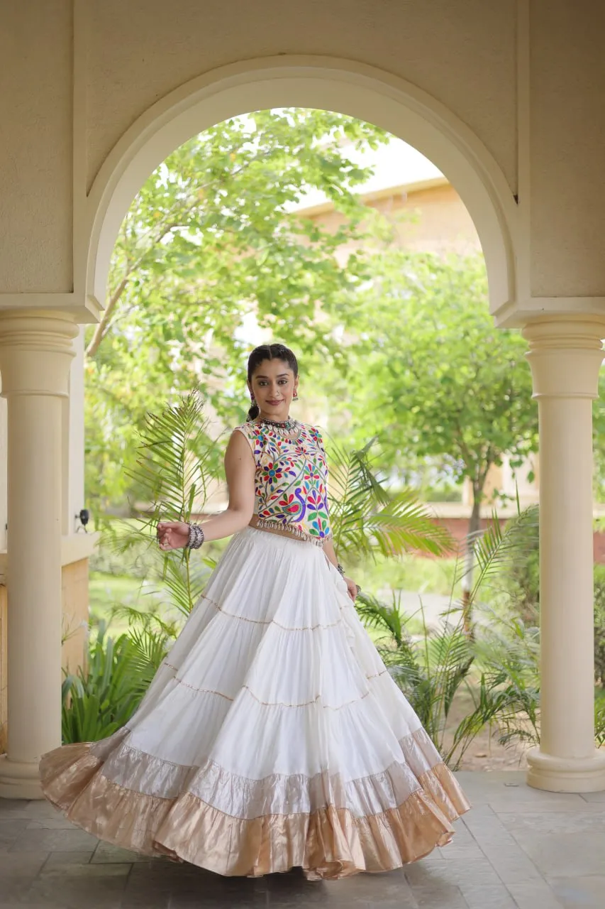 Fully Stitched White Rayon Kutchi Work White Lampi Lace Navratri Wear Ghagra Choli