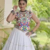 Fully Stitched White Rayon Kutchi Work White Lampi Lace Navratri Wear Ghagra Choli