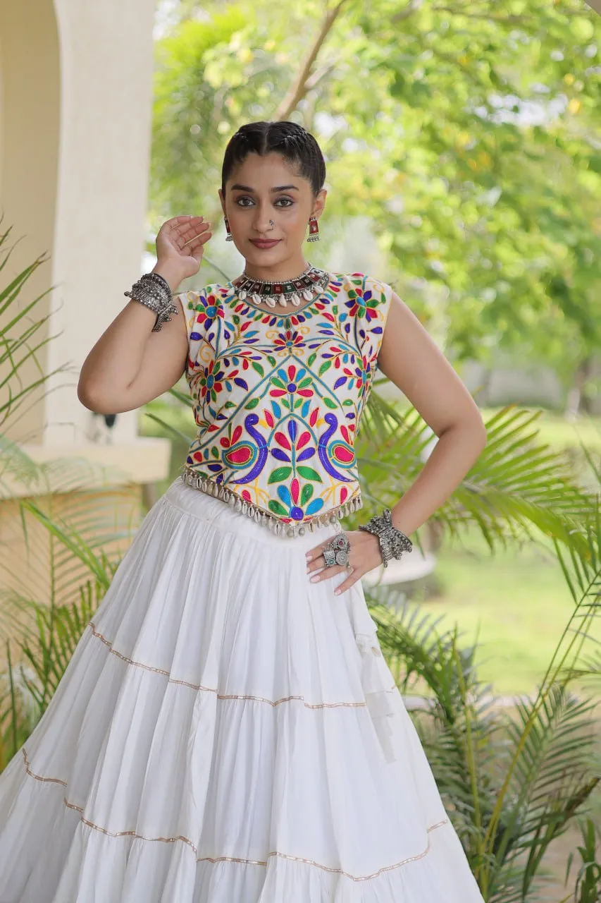 Fully Stitched White Rayon Kutchi Work White Lampi Lace Navratri Wear Ghagra Choli
