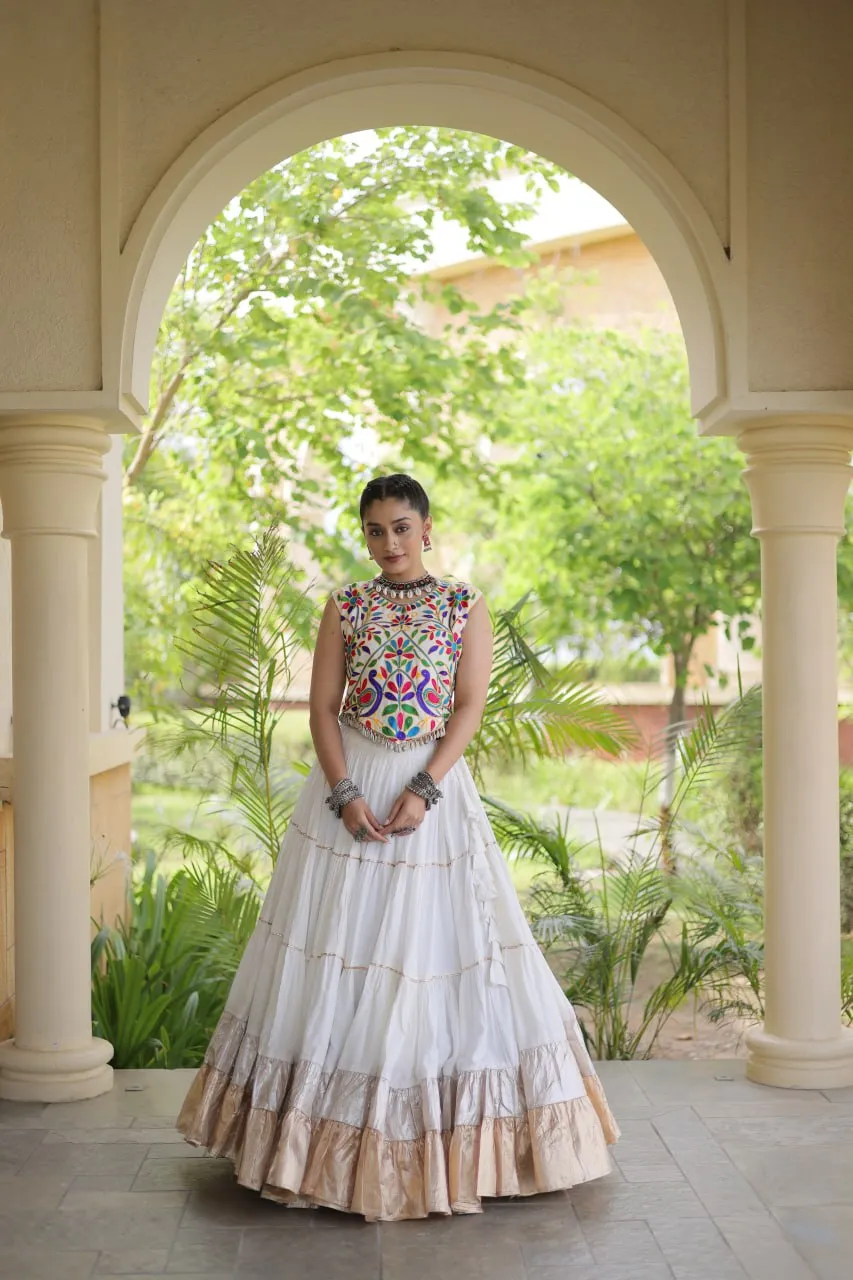 Fully Stitched White Rayon Kutchi Work White Lampi Lace Navratri Wear Ghagra Choli