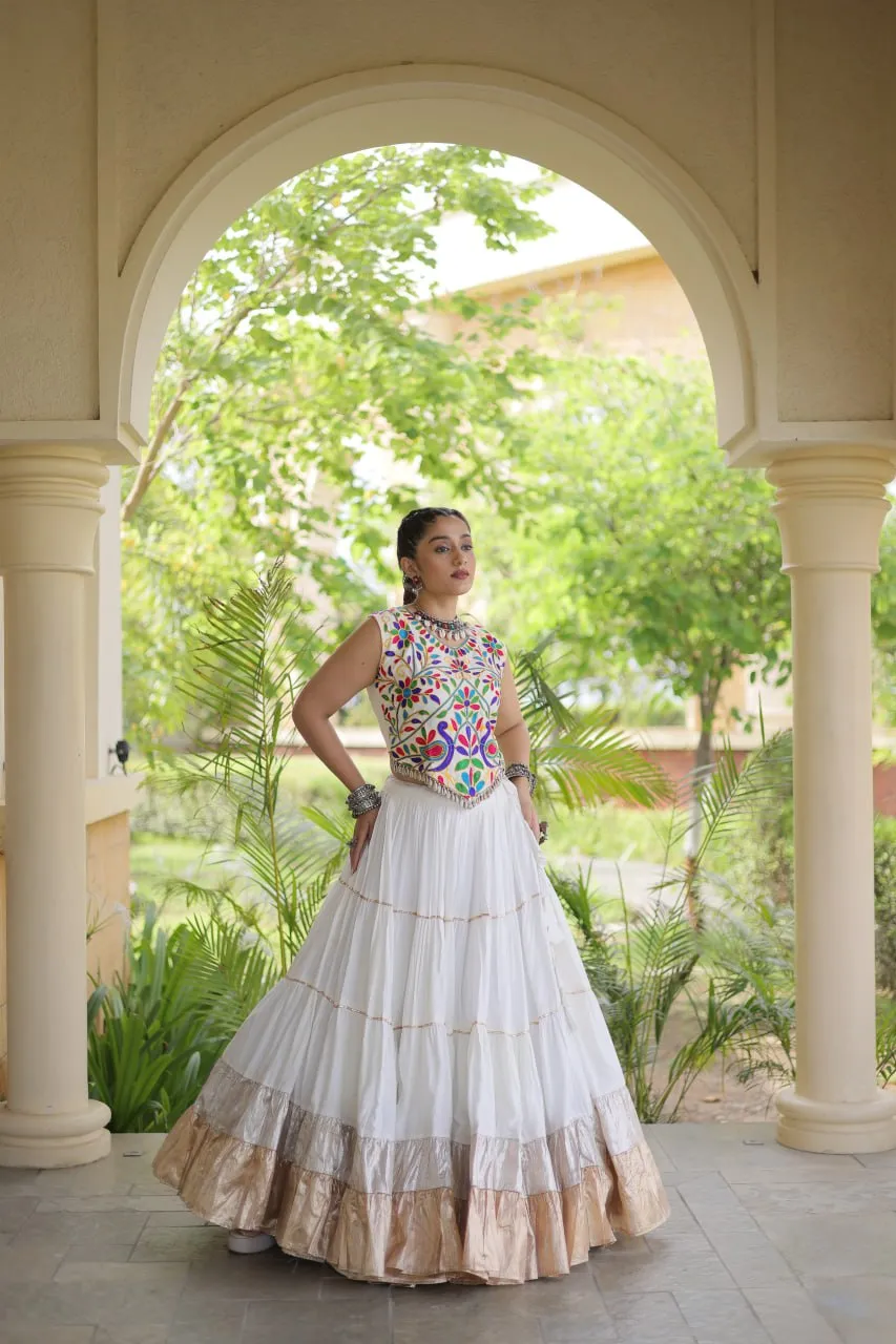 Fully Stitched White Rayon Kutchi Work White Lampi Lace Navratri Wear Ghagra Choli