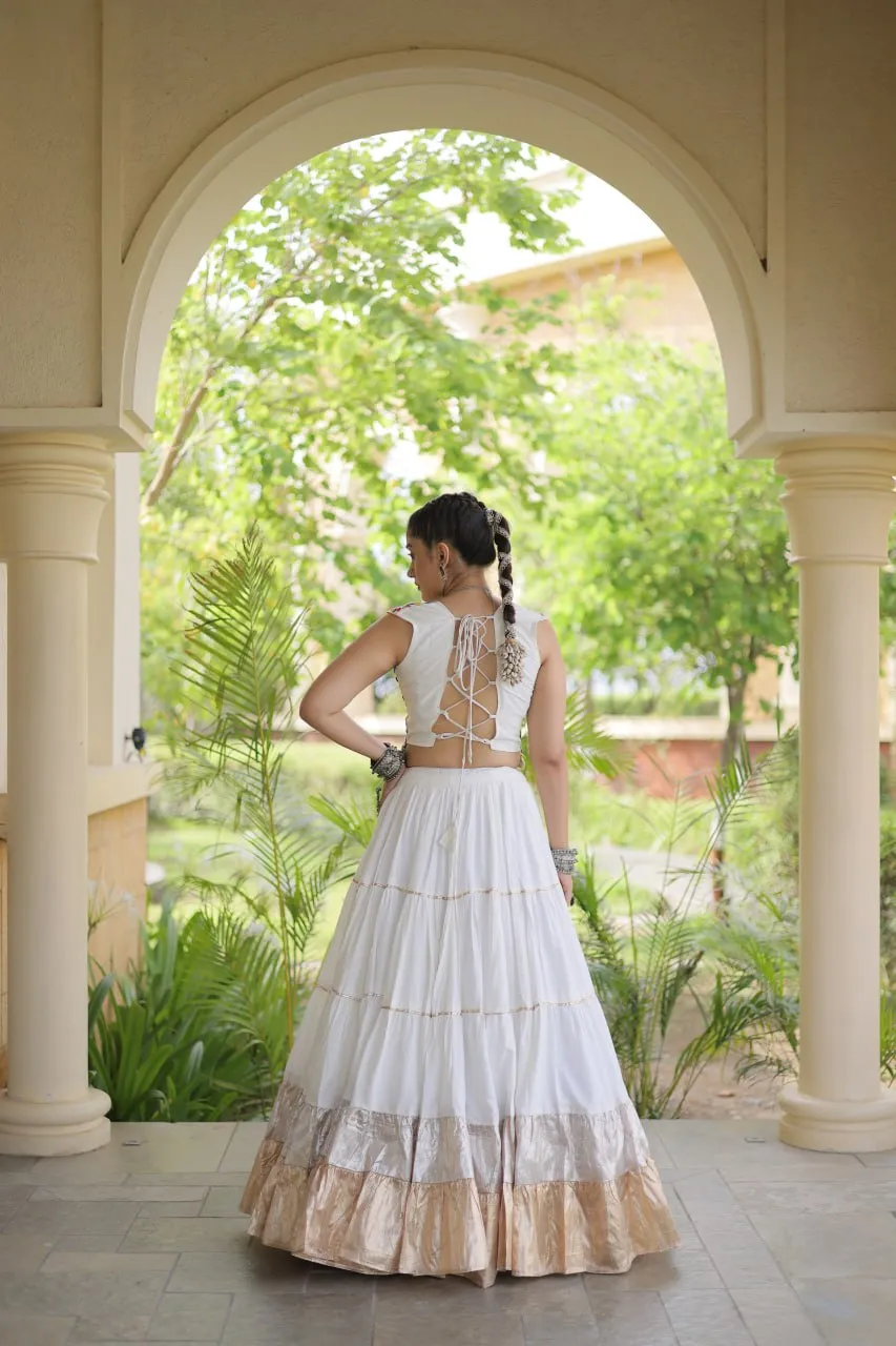 Fully Stitched White Rayon Kutchi Work White Lampi Lace Navratri Wear Ghagra Choli