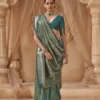 woman's Olive Green Banarasi Silk Saree with Pink Border