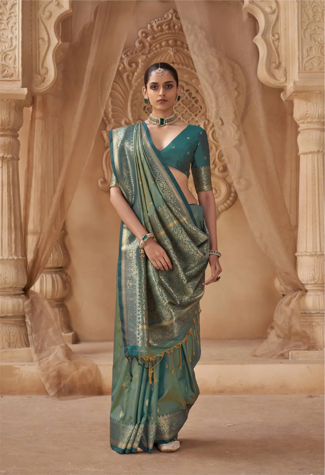 woman's Olive Green Banarasi Silk Saree with Pink Border