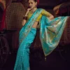 Woman's Turquoise Blue Pure Viscose Dola Banarasi Saree