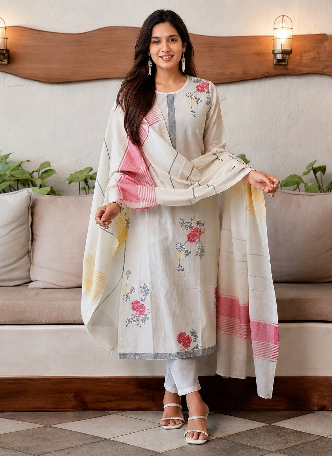 Women's Floral Embroidered Regular Thread Work Kurta with Trousers & With Dupatta