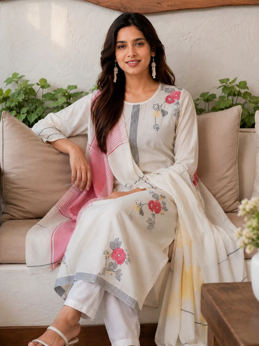 Women's Floral Embroidered Regular Thread Work Kurta with Trousers & With Dupatta