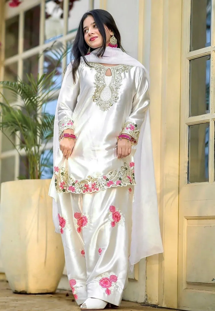 Embroidered Kurta, Patiala & Dupatta Set | Crepe White Party Wear Farshi Salwar Suit