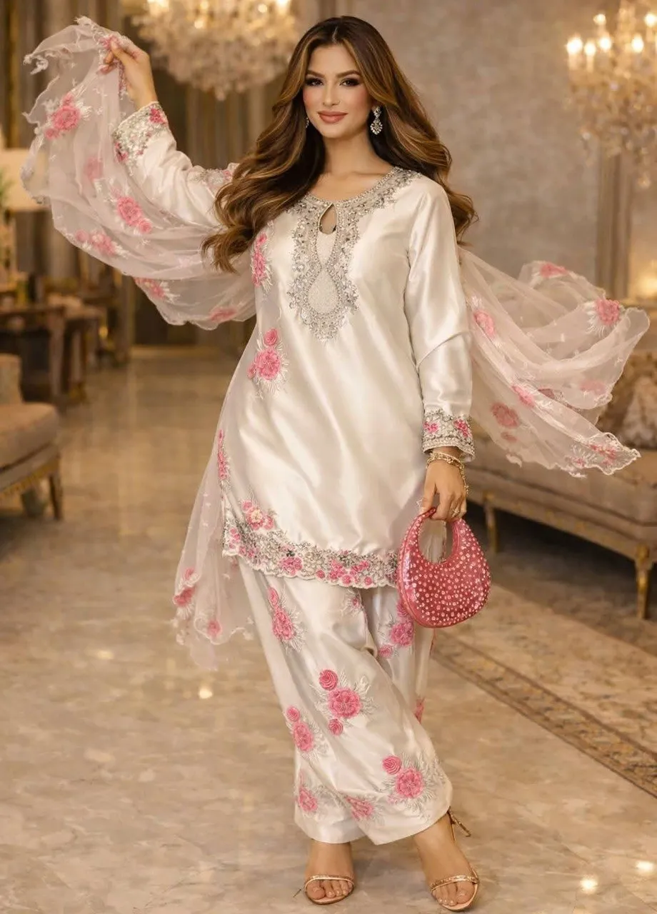 Embroidered Kurta, Patiala & Dupatta Set | Crepe White Party Wear Farshi Salwar Suit