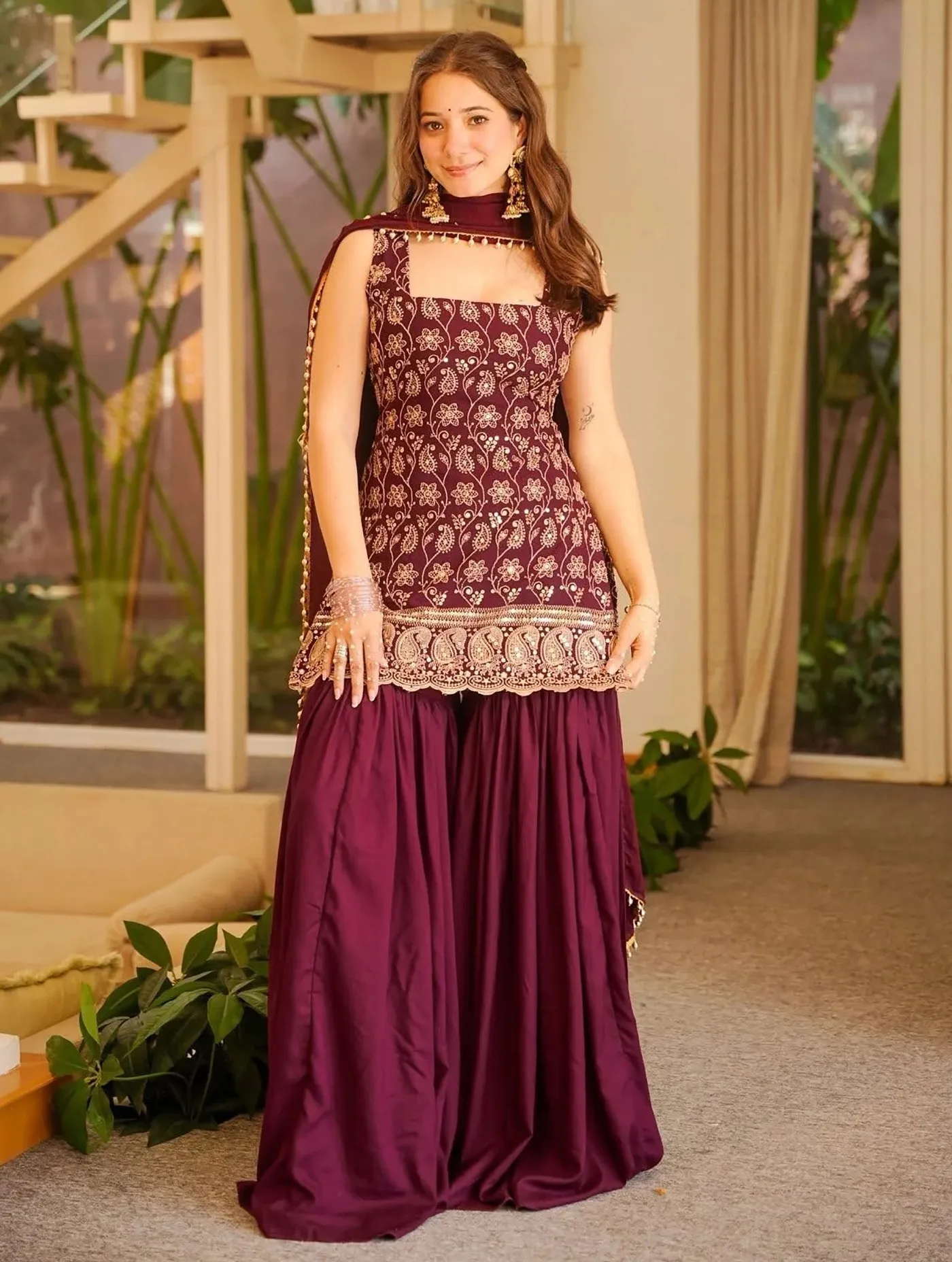 Women Ethnic Embroidered Regular Sequinned Kurti with Sharara Western Wear & With Dupatta