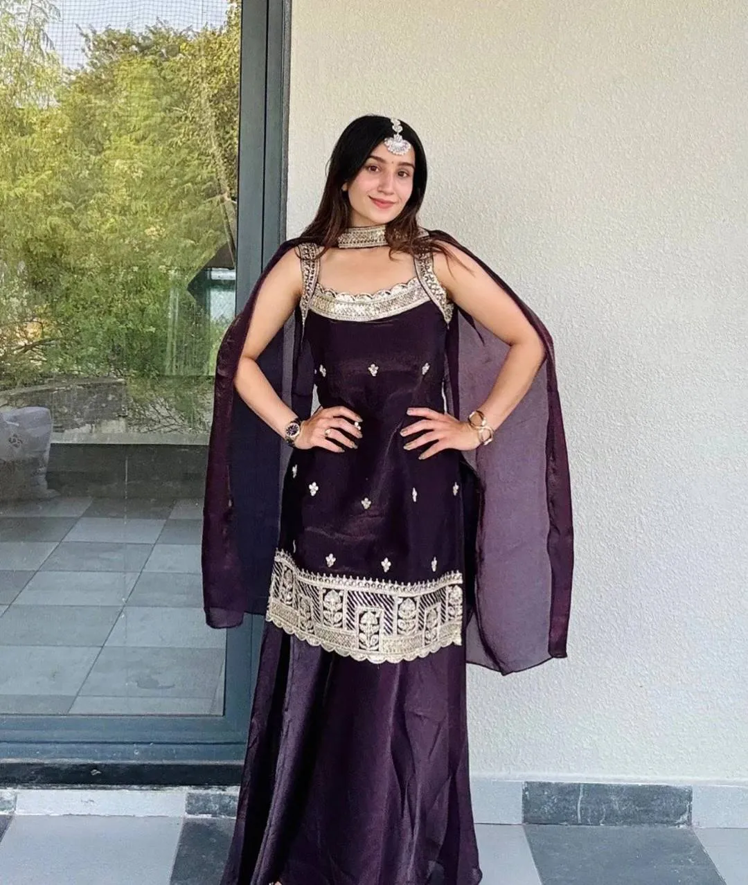 Women Ethnic Embroidered Regular Pure Silk Kurta with Sharara & With Dupatta